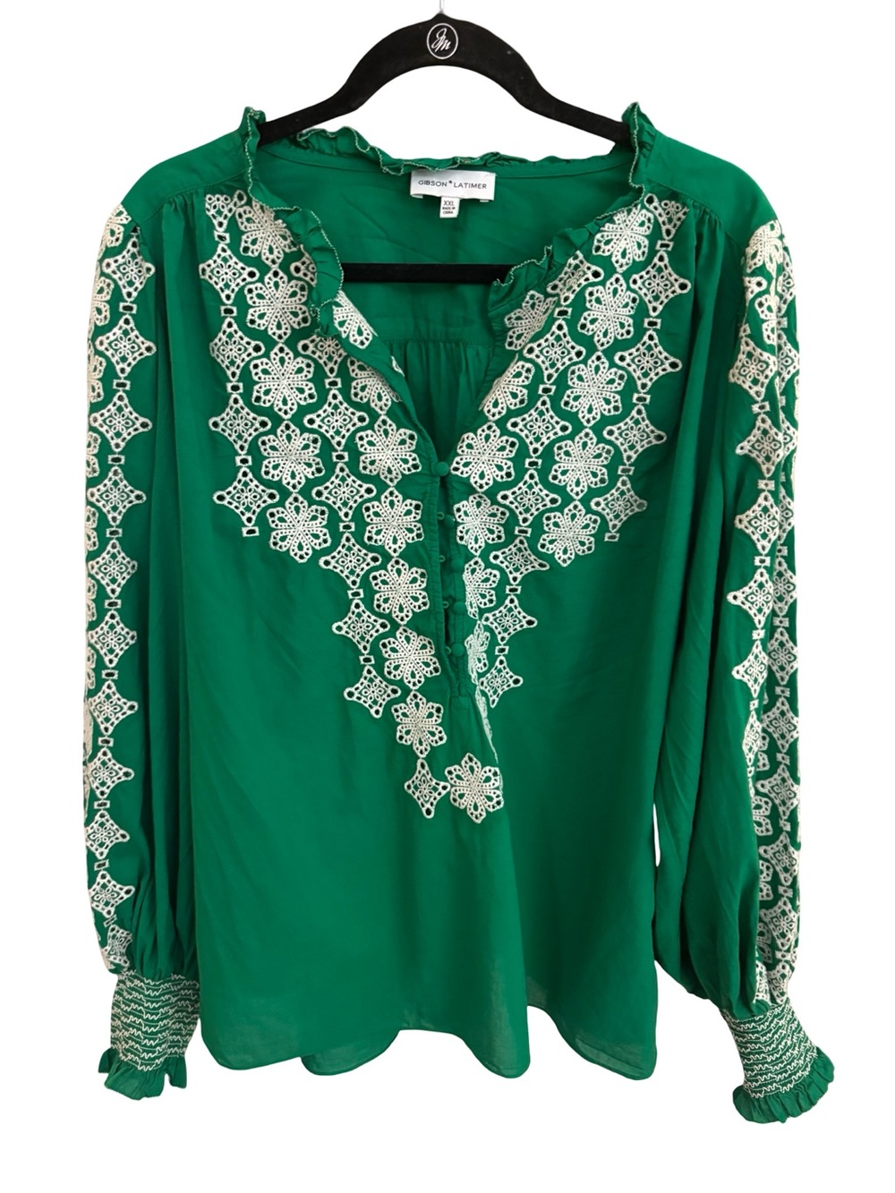 Gibson Latimer Emerald Green Boho Cottagecore Embroidered Peasant Blouse 2XL
